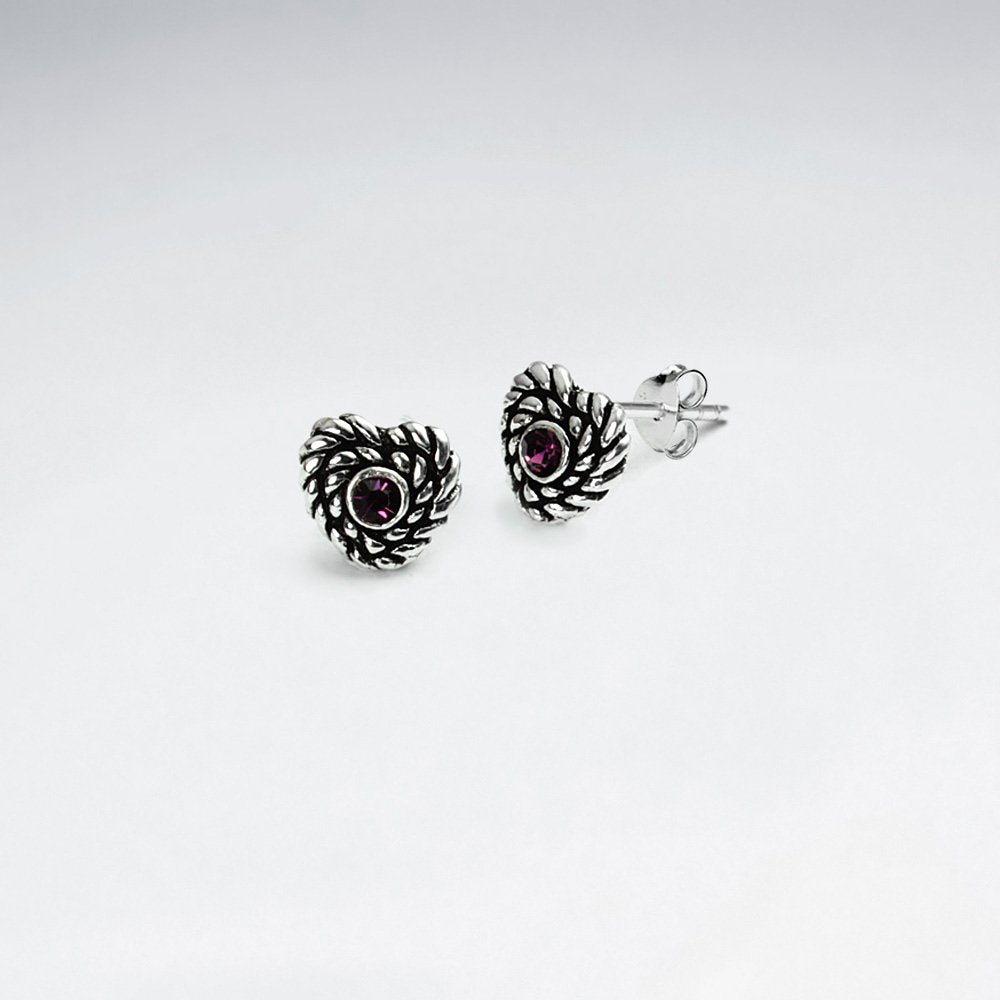 Rope Twist Textured Sterling Silver Heart Cubic Zirconia Stud Earrings