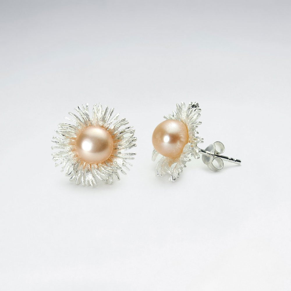 Sterling Silver Pearl Adorned Matte Flower Stud Earrings