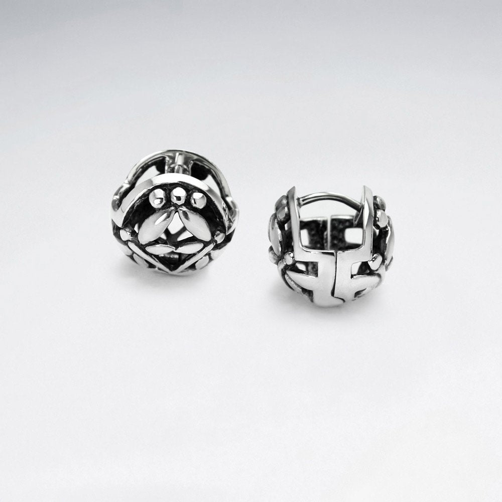 Ornate Oxidized Silver Dimensional Ball Earrings