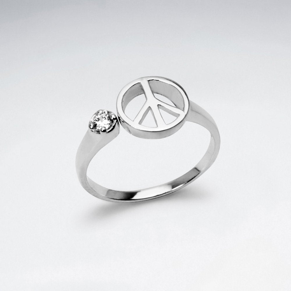 Sterling Silver Peace Sign Cubic Zirconia Ring
