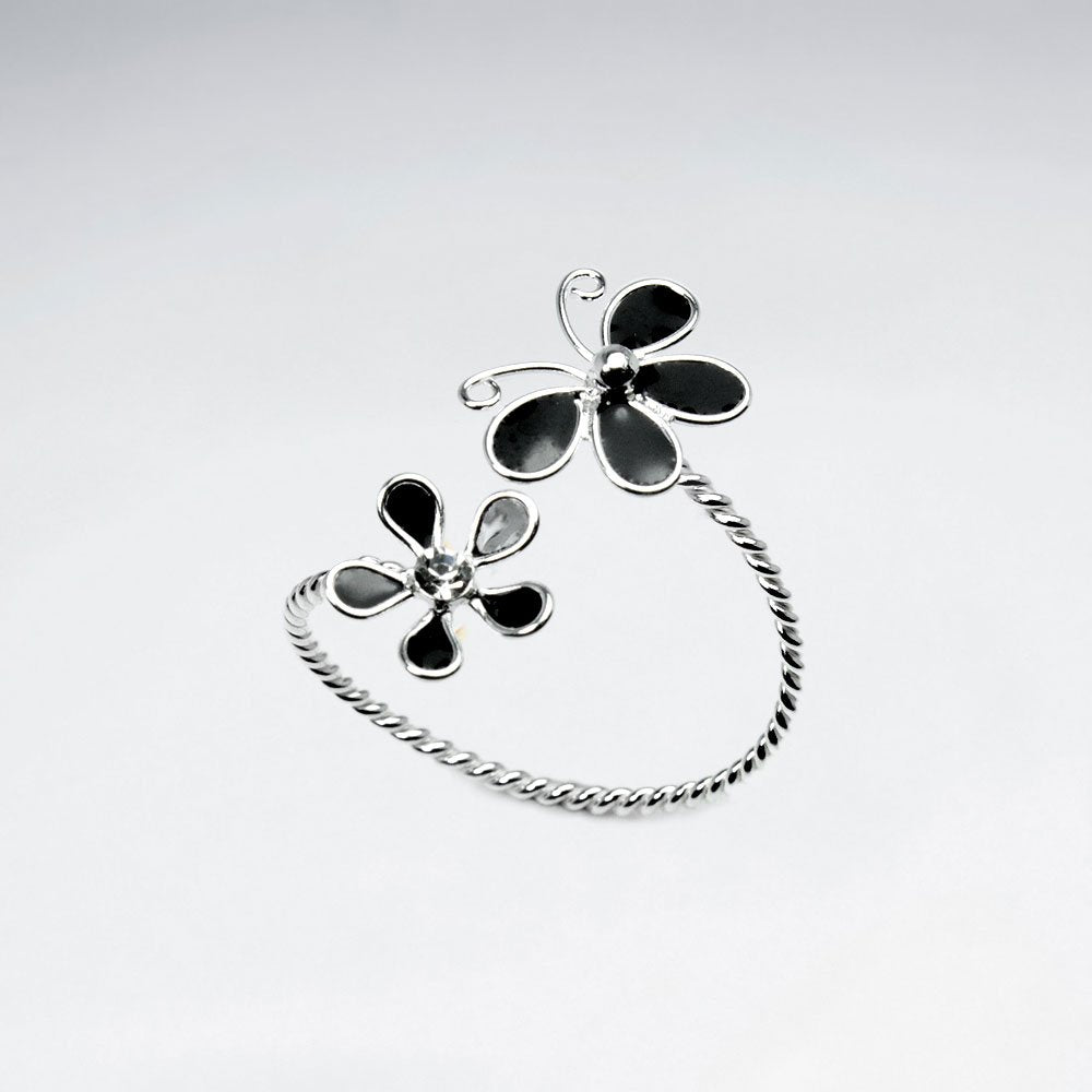 Sterling Silver Enameled Butterfly and Flower Open Twist Ring