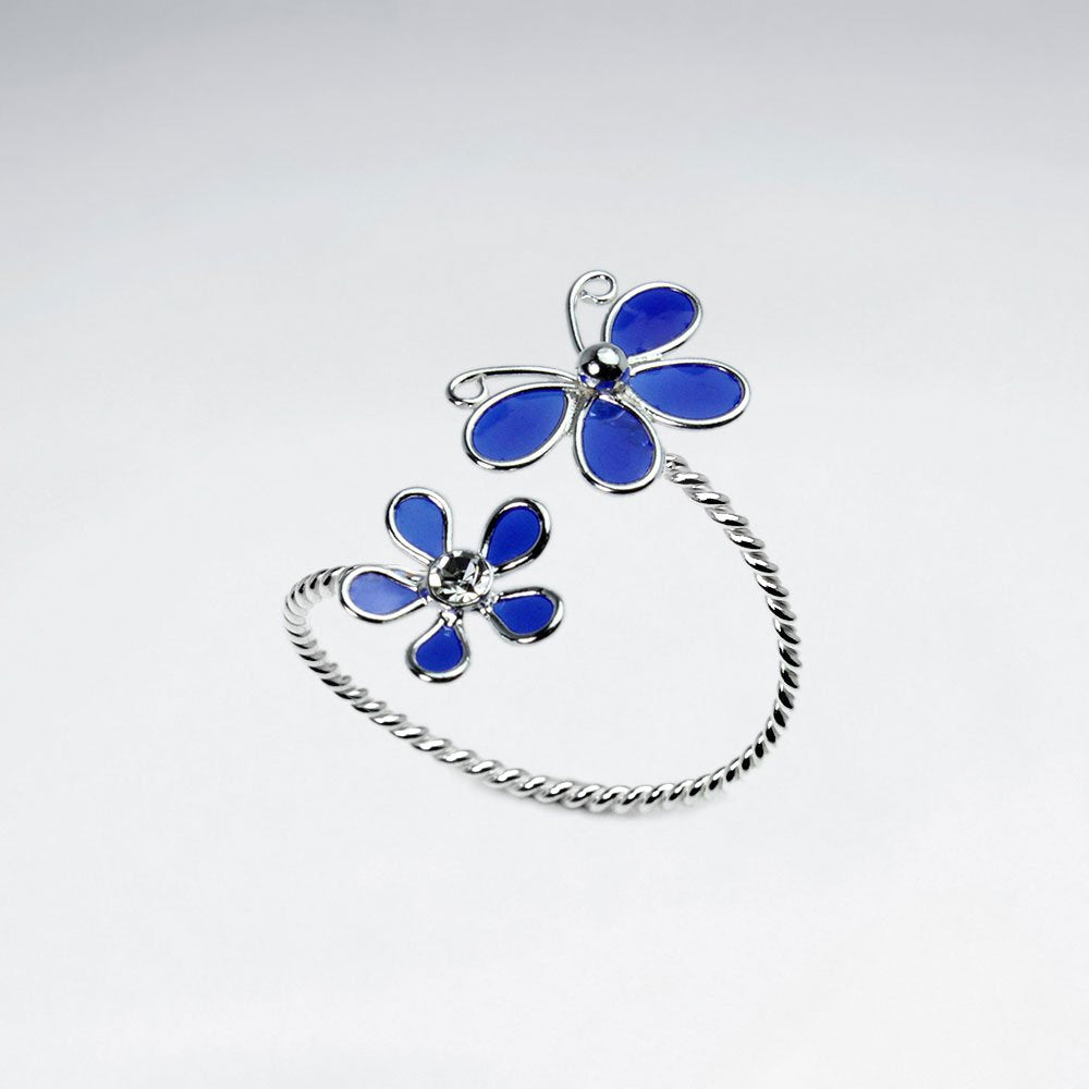Sterling Silver Enameled Butterfly and Flower Open Twist Ring