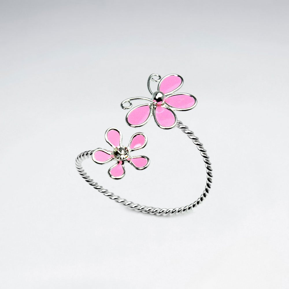 Sterling Silver Enameled Butterfly and Flower Open Twist Ring