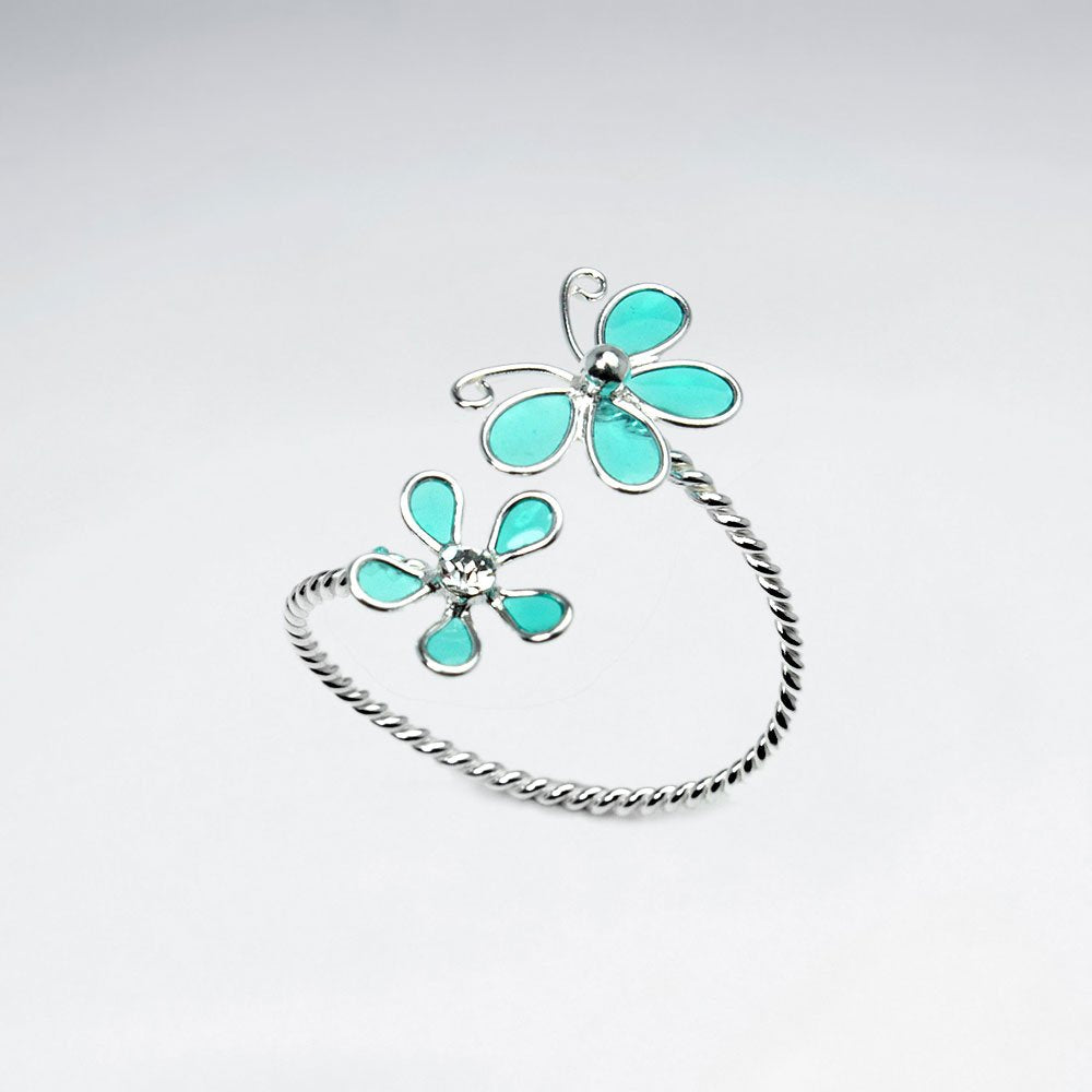 Sterling Silver Enameled Butterfly and Flower Open Twist Ring