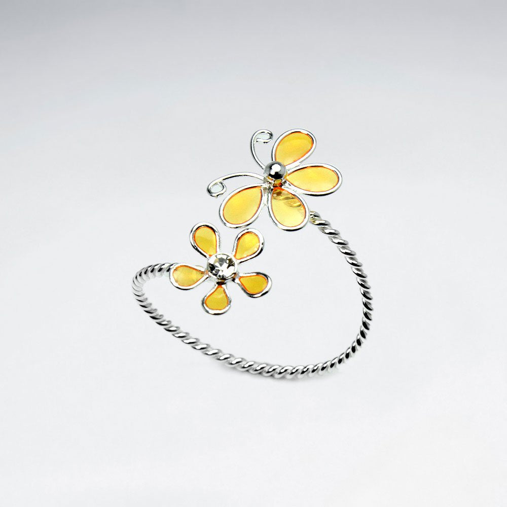 Sterling Silver Enameled Butterfly and Flower Open Twist Ring