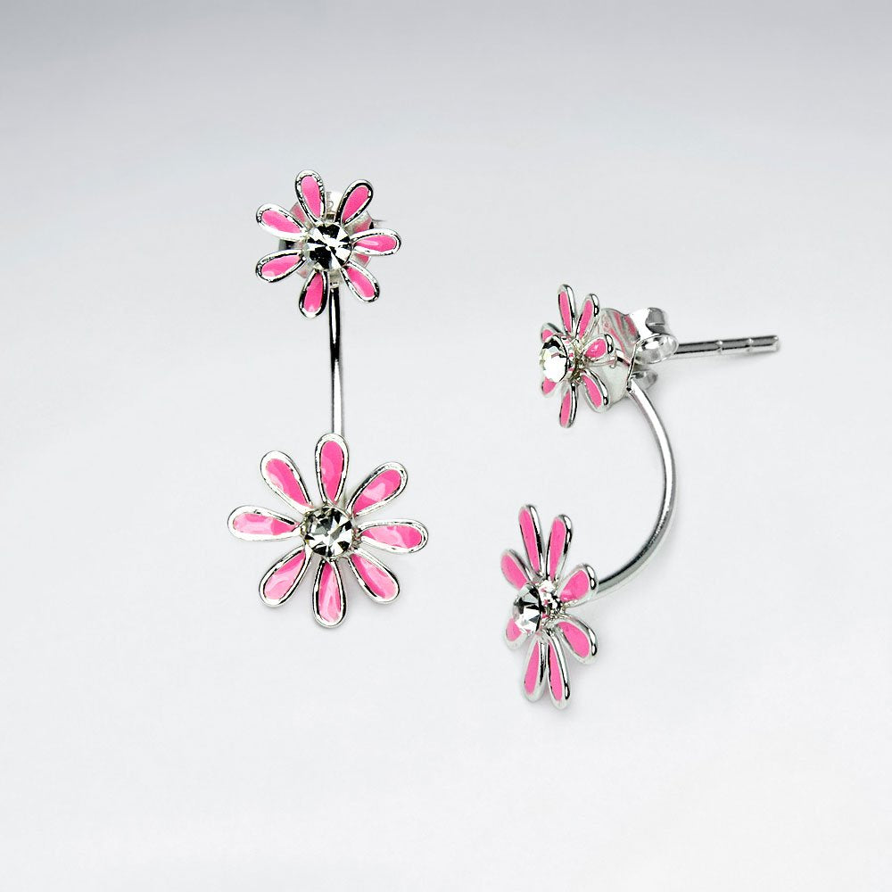 Double Tiered Enameled Sterling Silver Flower Earrings