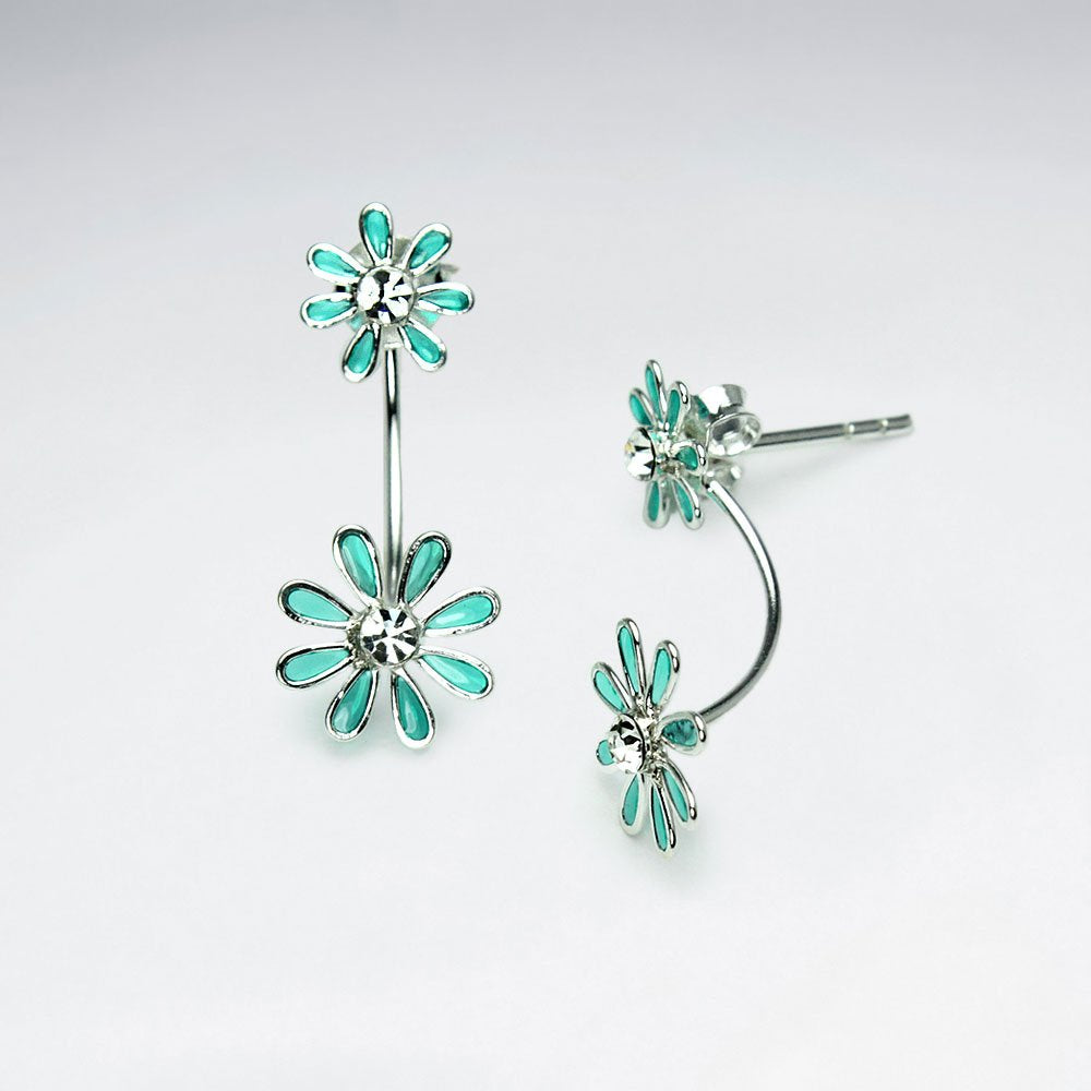 Double Tiered Enameled Sterling Silver Flower Earrings