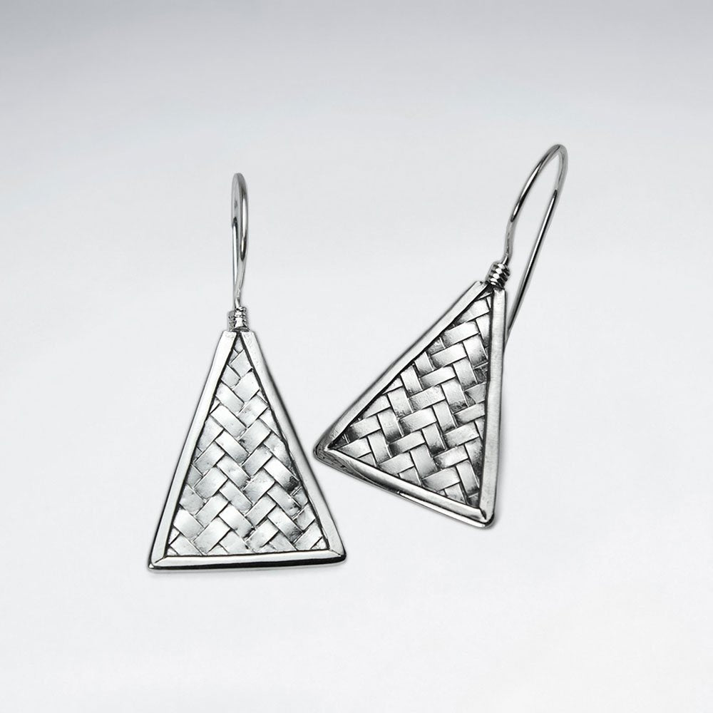 Triangle Silver Cobblestone Textured Drop Hook Earrings