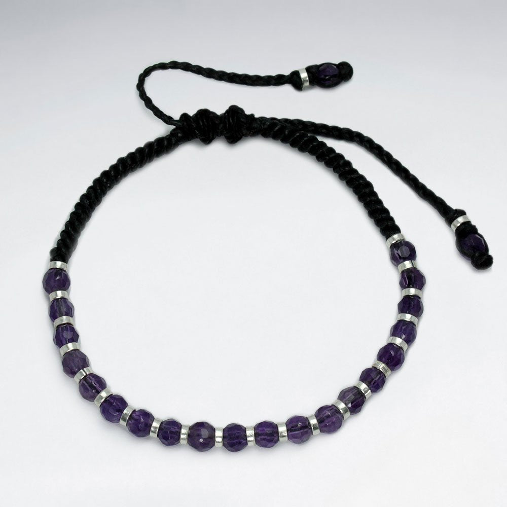 Black Waxed Cotton  Revered Amethyst Stone Bracelet