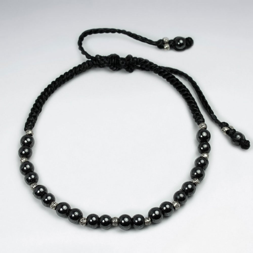 Black Waxed Cotton  Hematite Earth Stone Bracelet