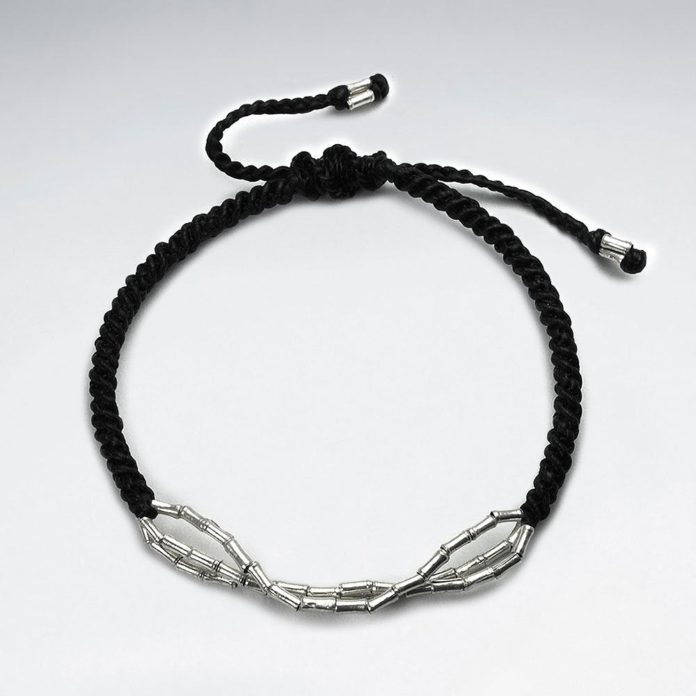 Black Waxed Cotton Silver Bead Patterned  Rope Bracelet