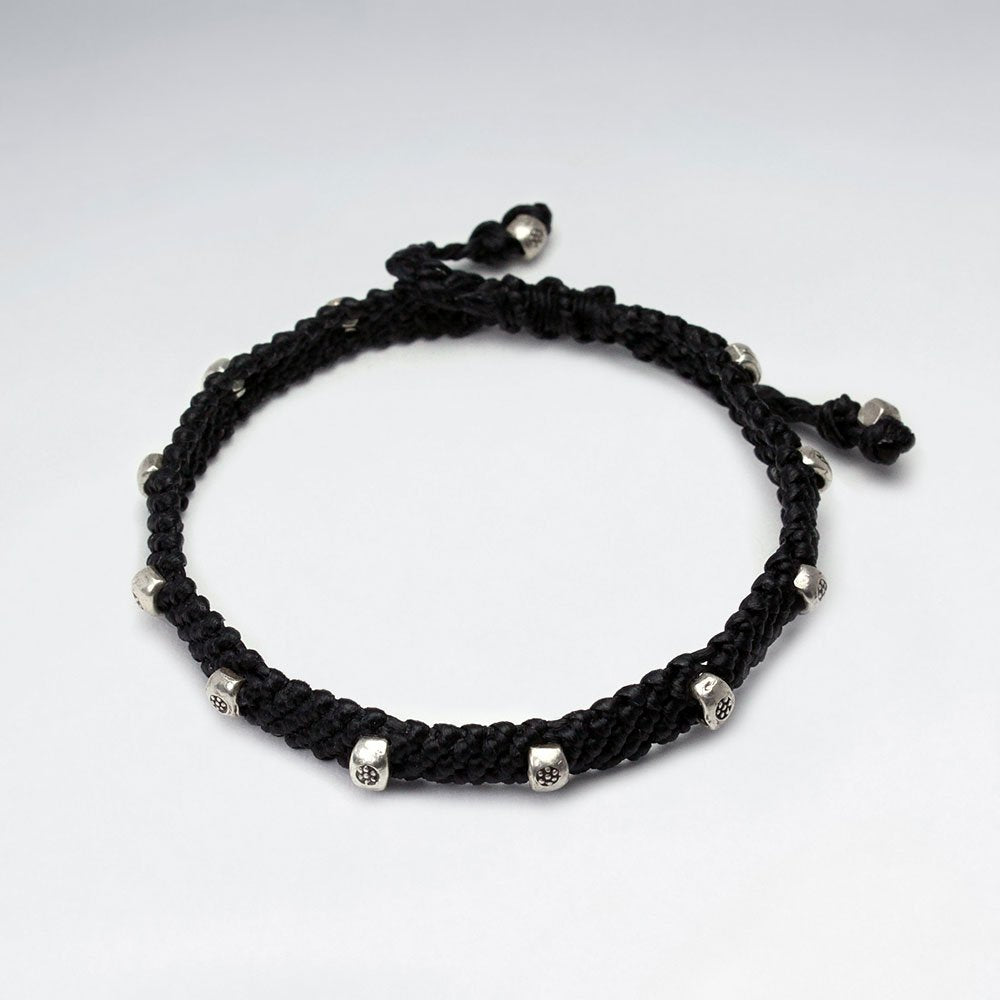 Black Waxed Cotton Silver "Spiked"  Thick Band Bracelet