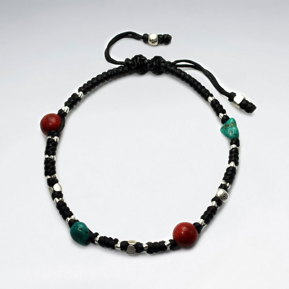 Multi-Colored Bead Studded Black Waxed Cotton Bracelet