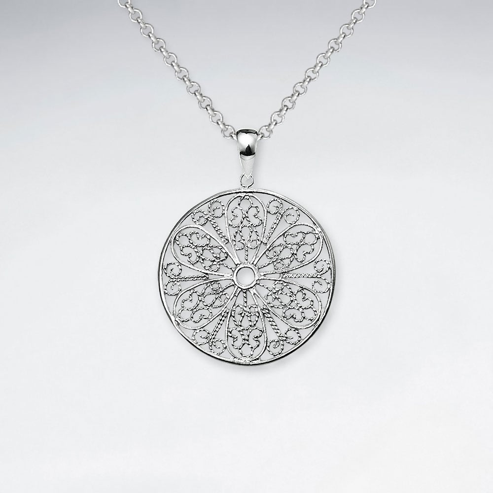 Round Cut Filigree Pattern Dangle Silver Pendant