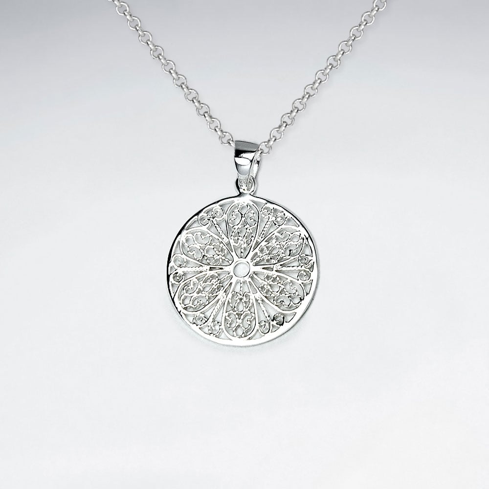 21 mm Round Cut Filigree Pattern Dangle Silver Pendant