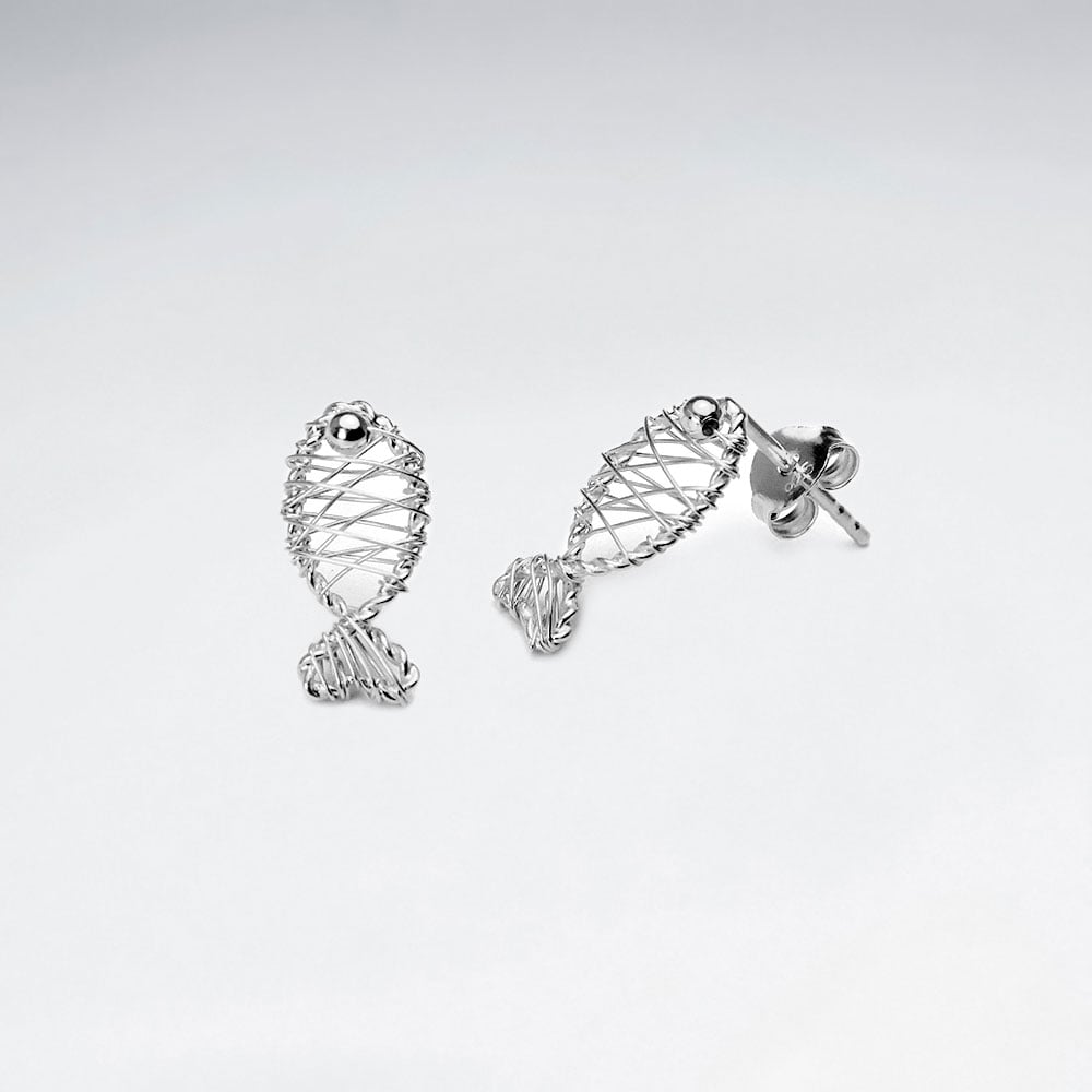 Sterling Silver Wirework Fish Stud Earrings