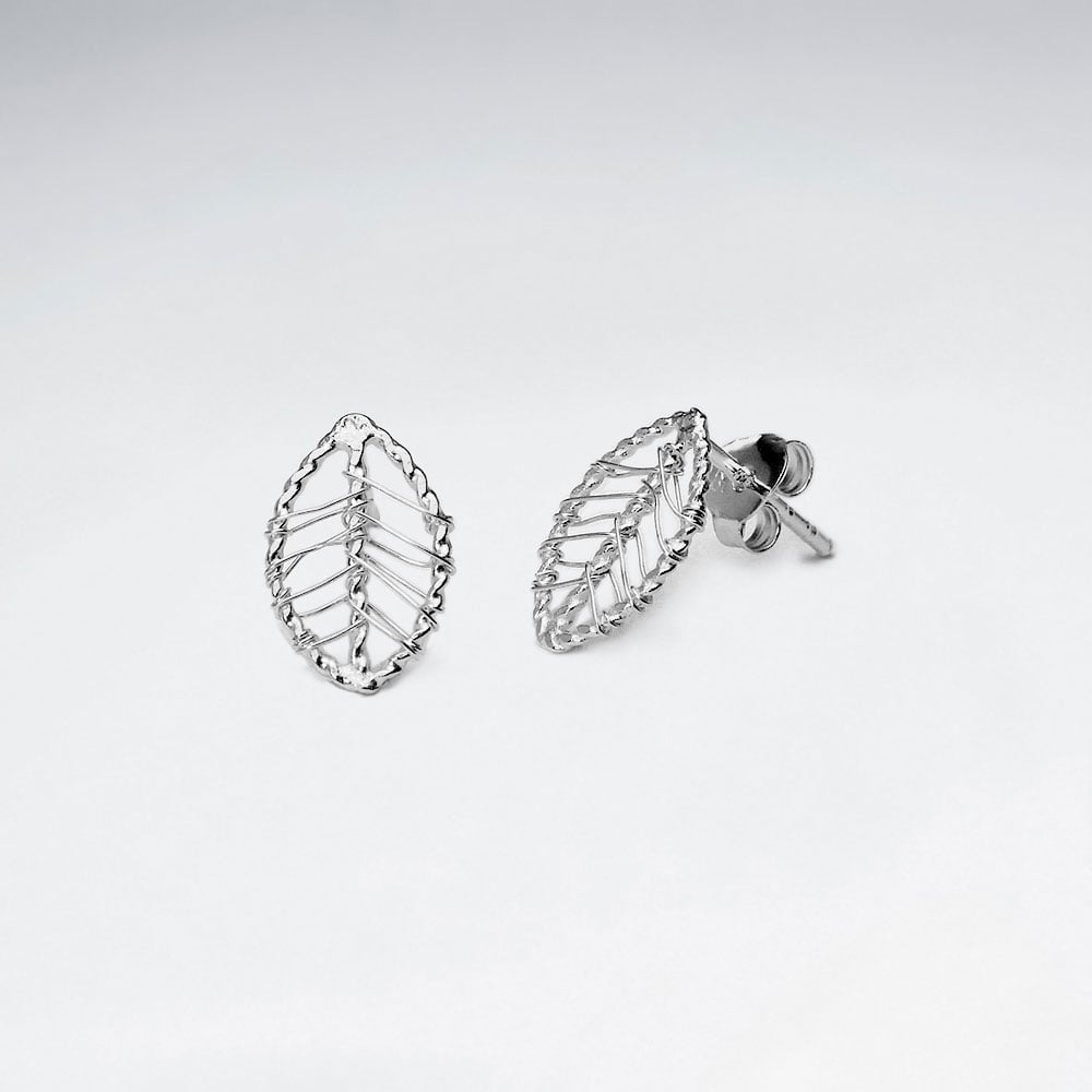 Dainty Leaf Silhouette Silver Wirework Stud Earrings