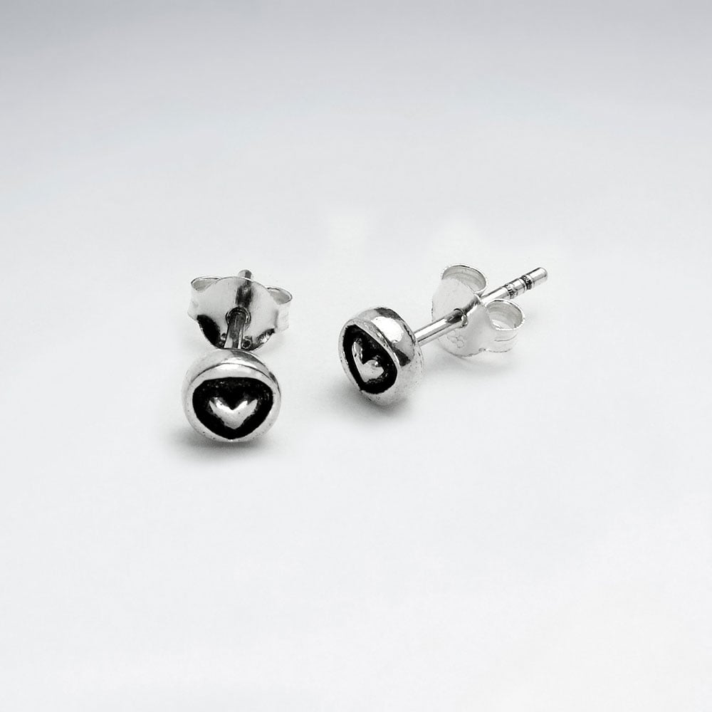 Handmade Oxidized Silver Heart in Circle Stud Earrings