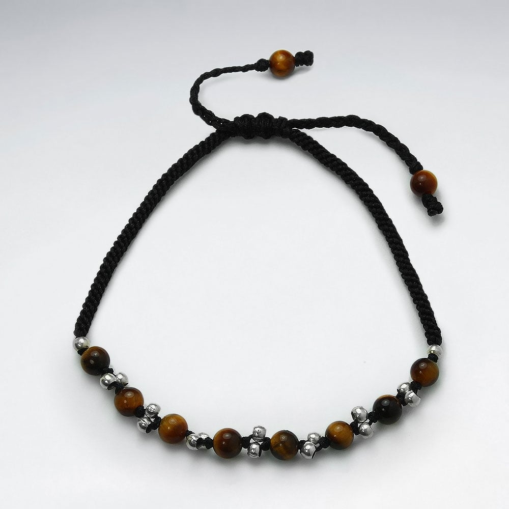 Black Wax Cotton Tiger Eye and Silver Bead Bracelet