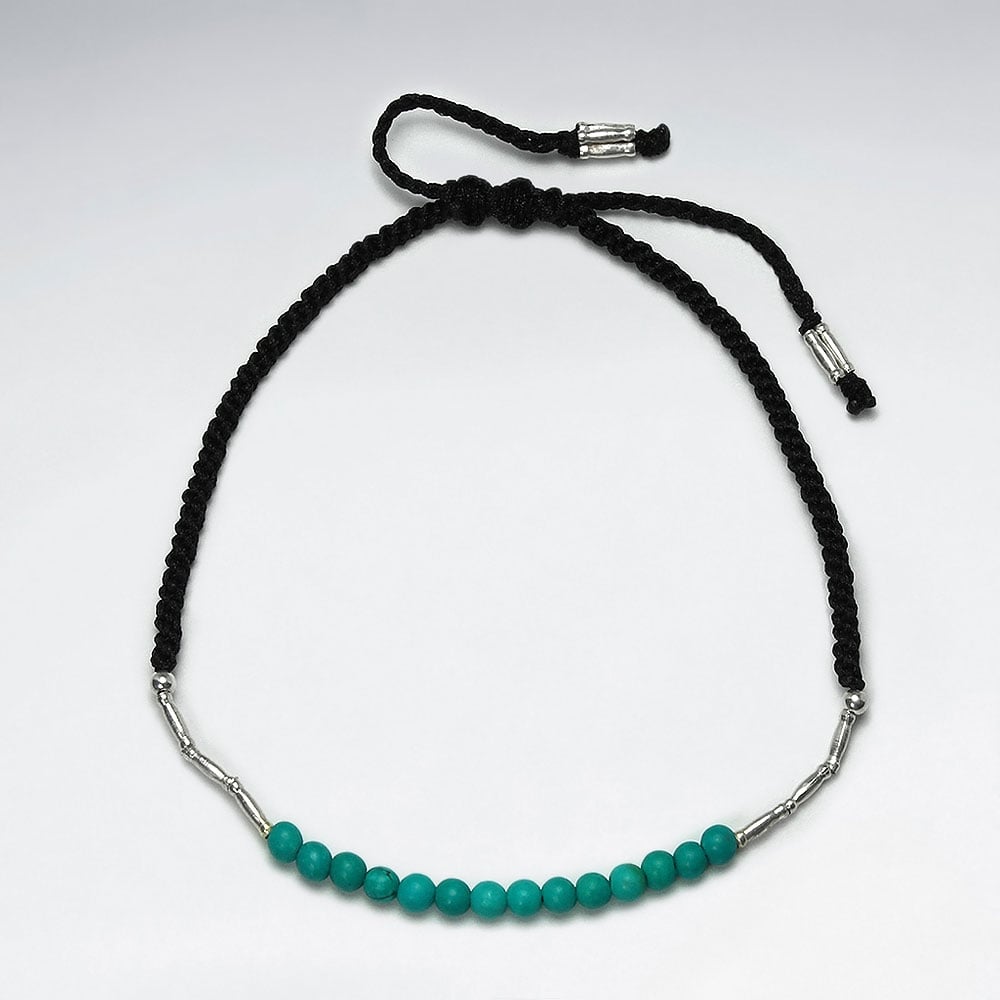 Black Wax Cotton Turquoise and Silver Link Accent Bracelet