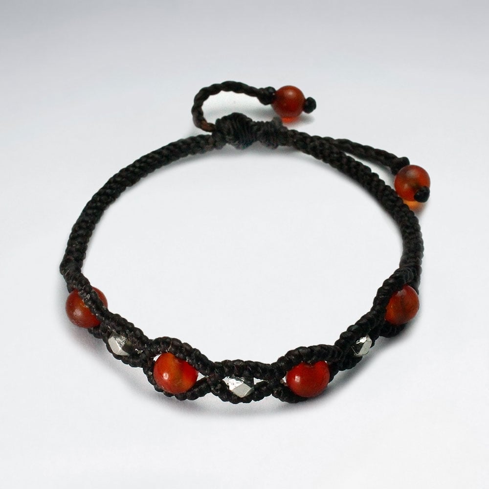 Brown Wax Cotton and Red Bead Bracelet