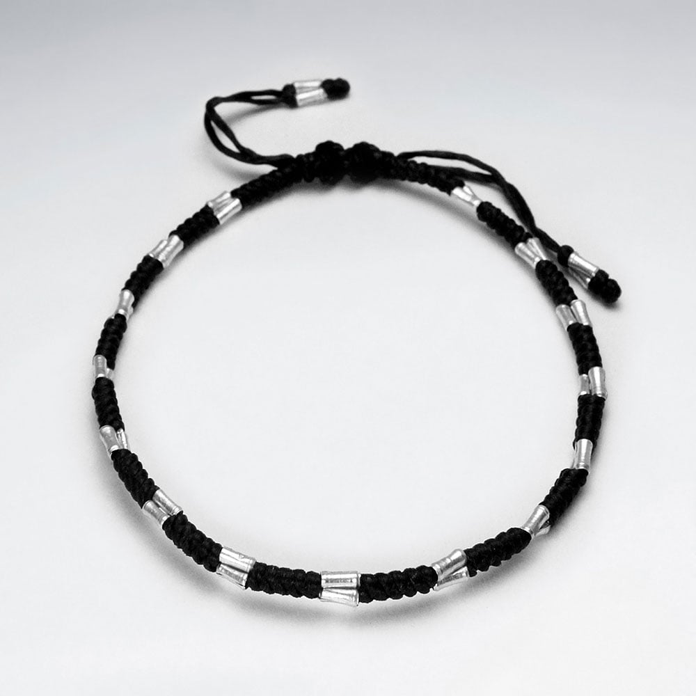 Black Wax Cotton and Silver Spacer Bead Bracelet
