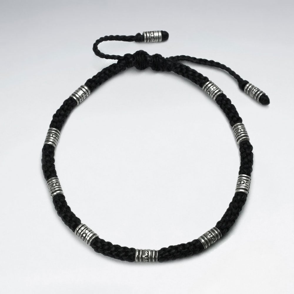 Black Wax Cotton and Etched Bead Bracelet