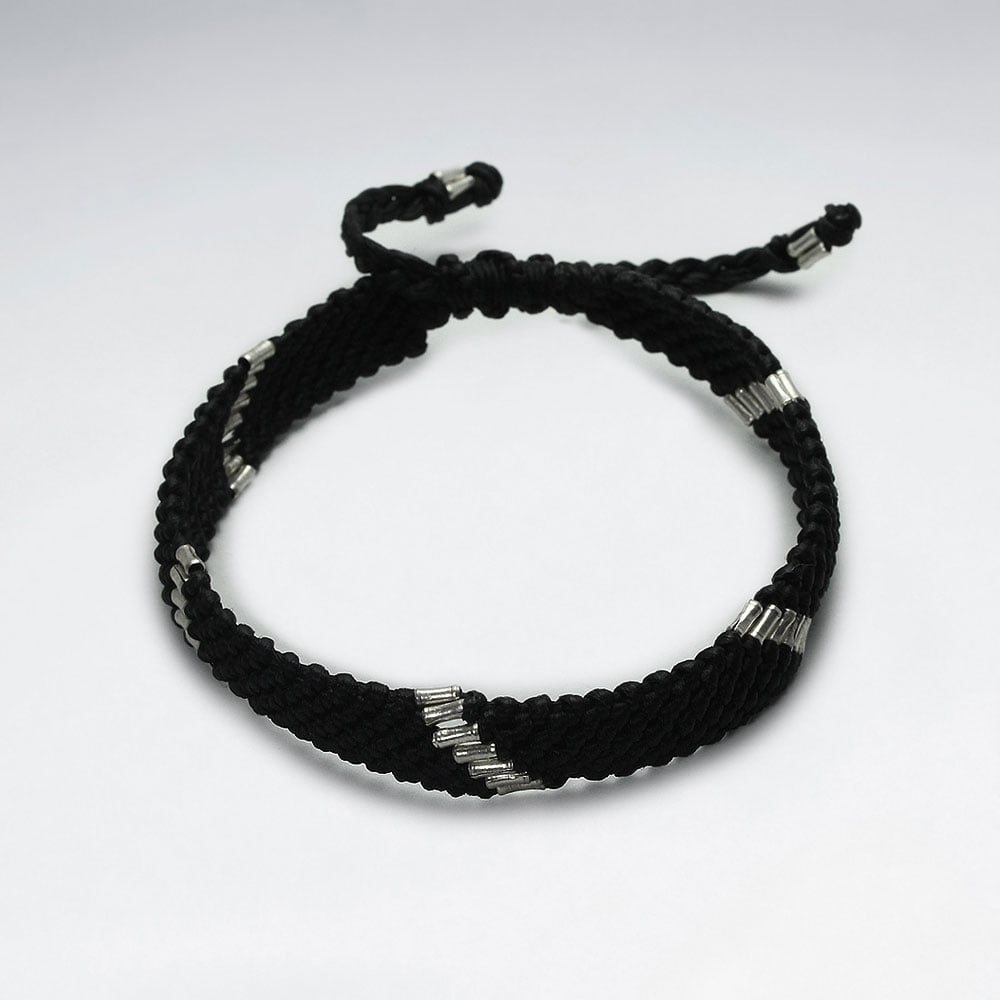 Black Wax Cotton and Silver Beaded Bracelet