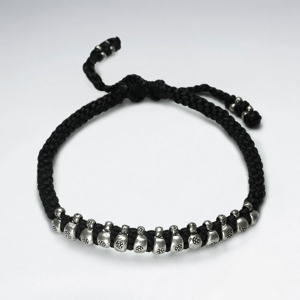 Wax Cotton Bracelet with Silver Textured Beads