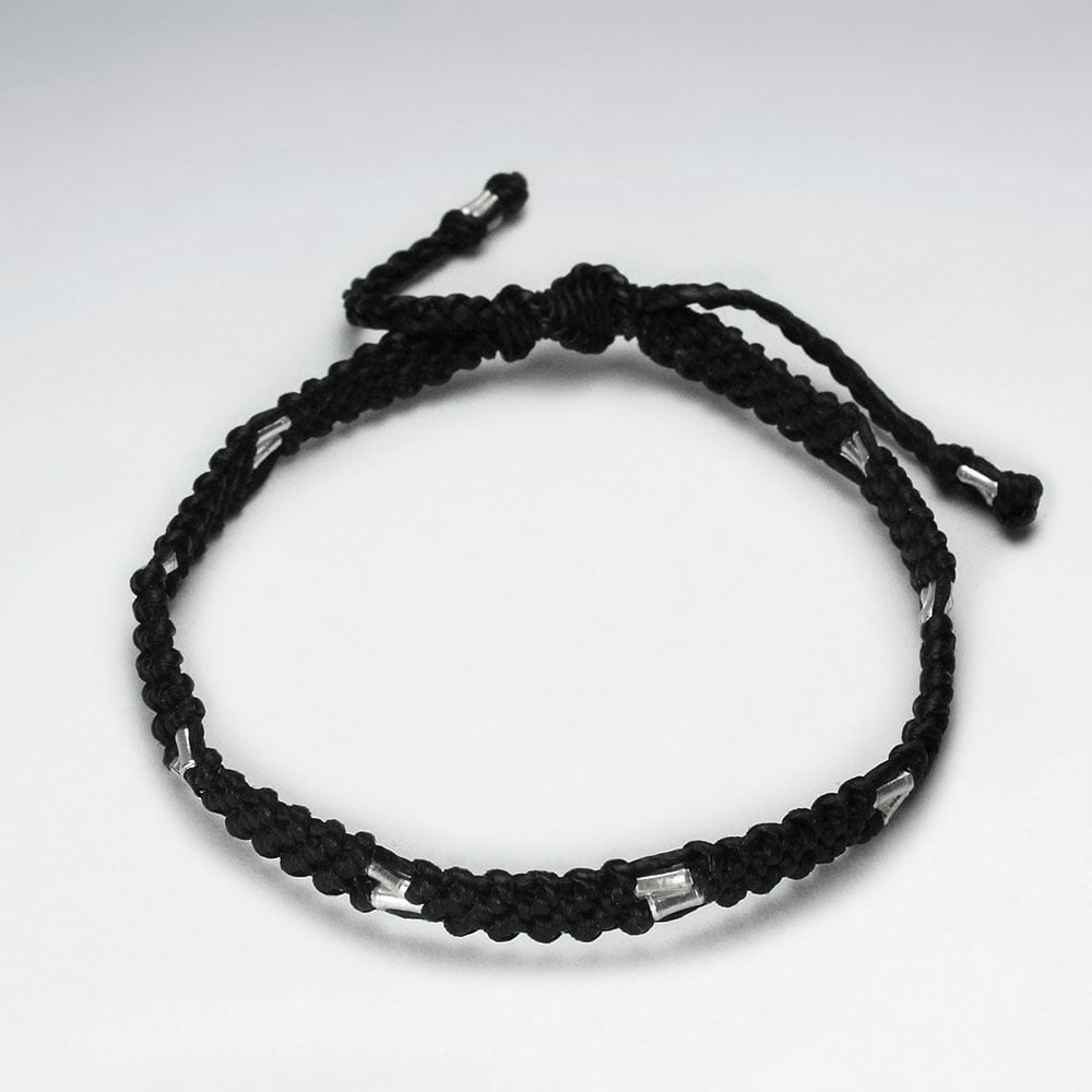 Braided Black Wax Cotton and Sterling Silver Beaded Bracelet
