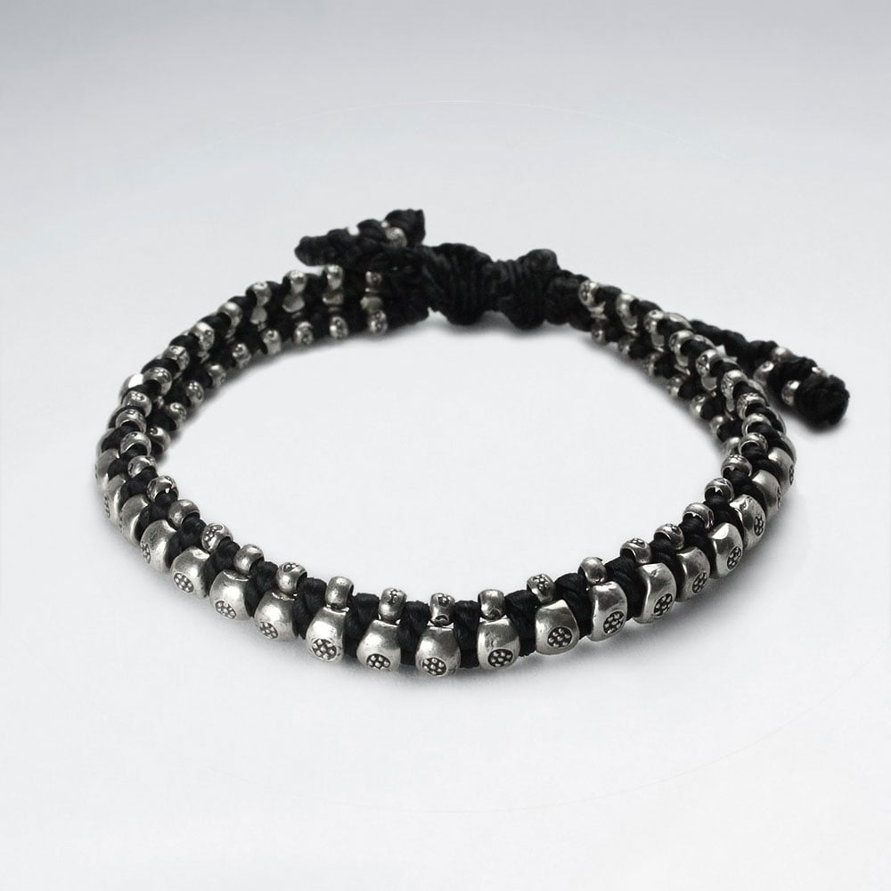 Bold Black Wax Cotton Silver Bead Surround Bracelet