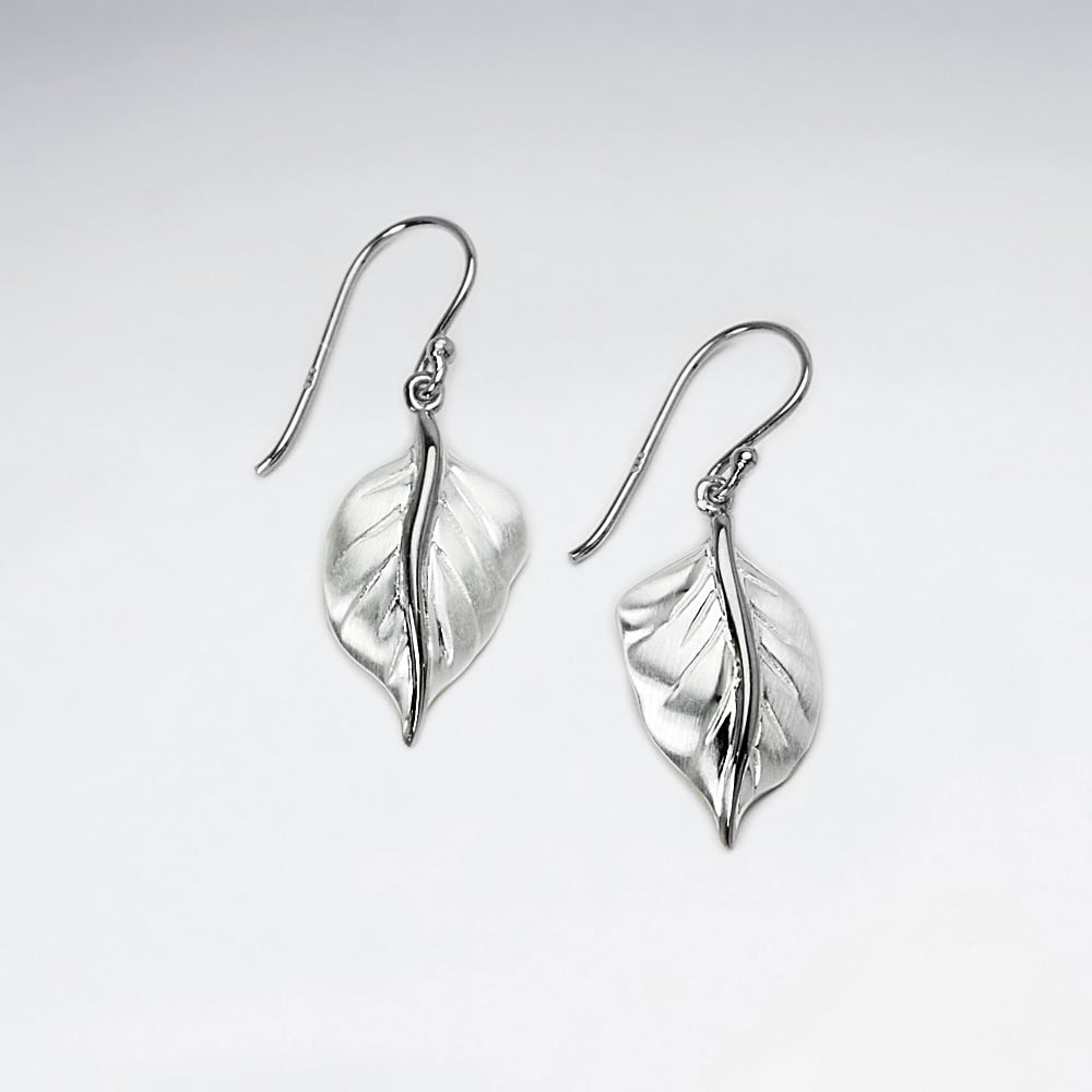 Sterling Silver Detailed Leaf Dangle Earrings