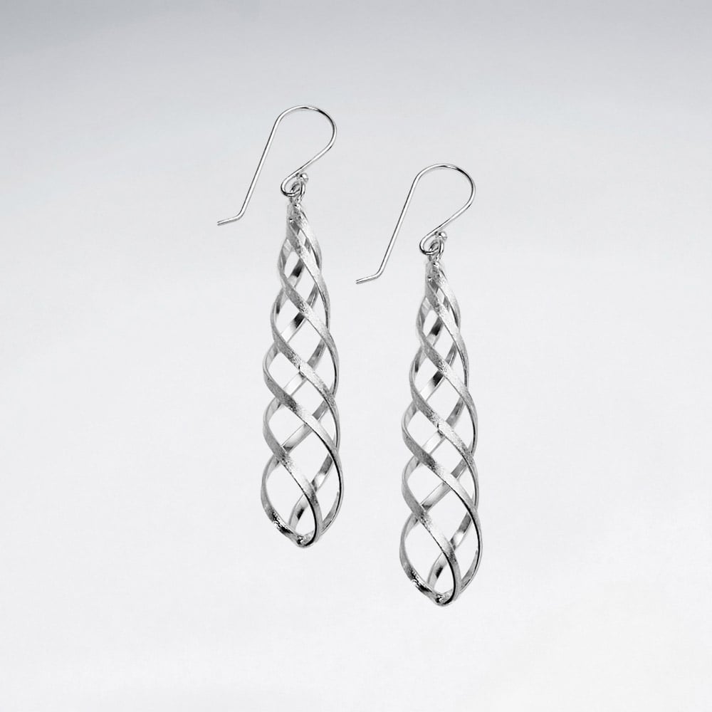 Matte Silver Long Twist Dangle Earrings