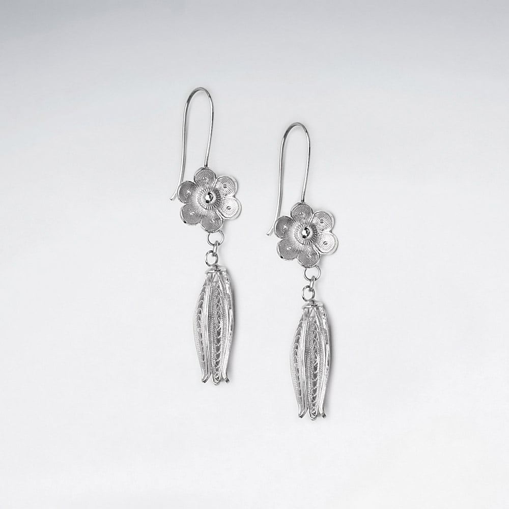 Sterling Silver Flower and Tassel Dangle Earrings
