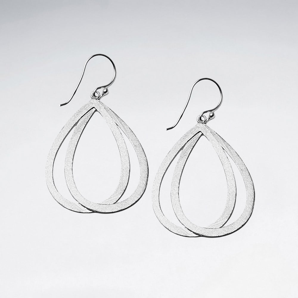 Matte Silver Linking Double Openwork Teardrop Dangle Earrings