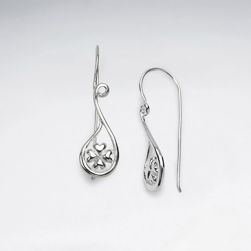 Sterling Silver Openwork  Four Leaf Clover Teardrop Earrings
