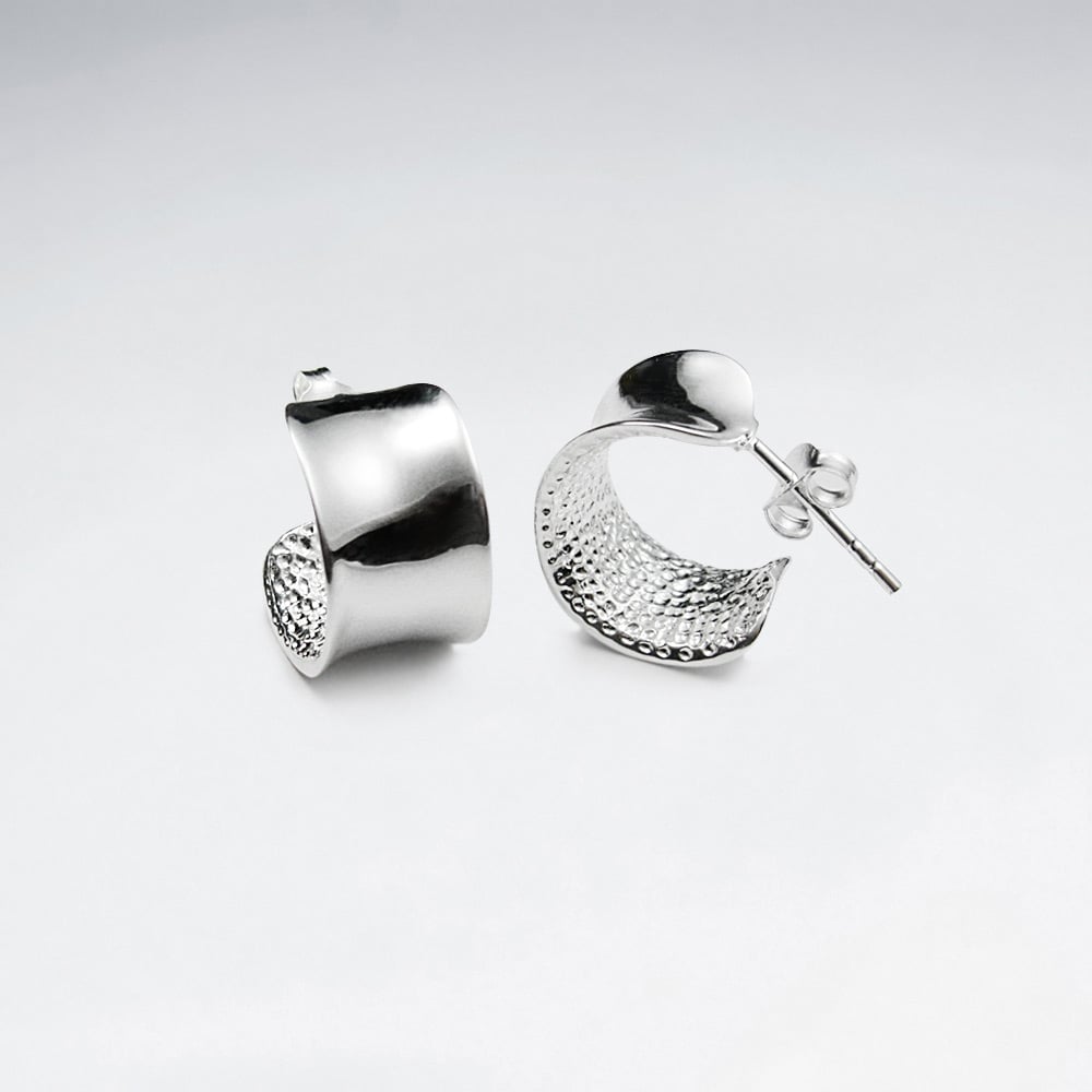 Smooth & Textured Sterling Silver Half Hoop Stud Earrings