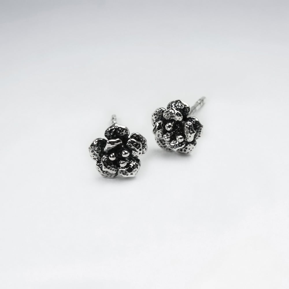 Oxidized Silver Rose Blossom Stud Earrings