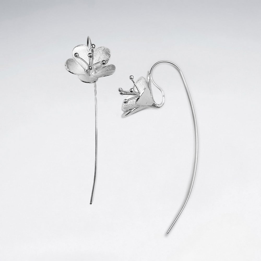 Matte Silver Morning Glory Threader Hook Earrings