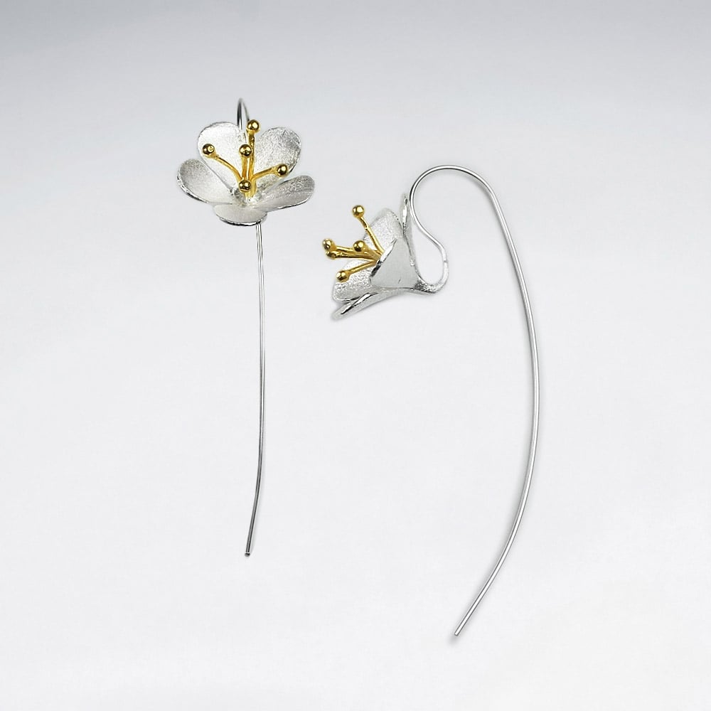 Matte Silver Morning Glory Threader Hook Earrings