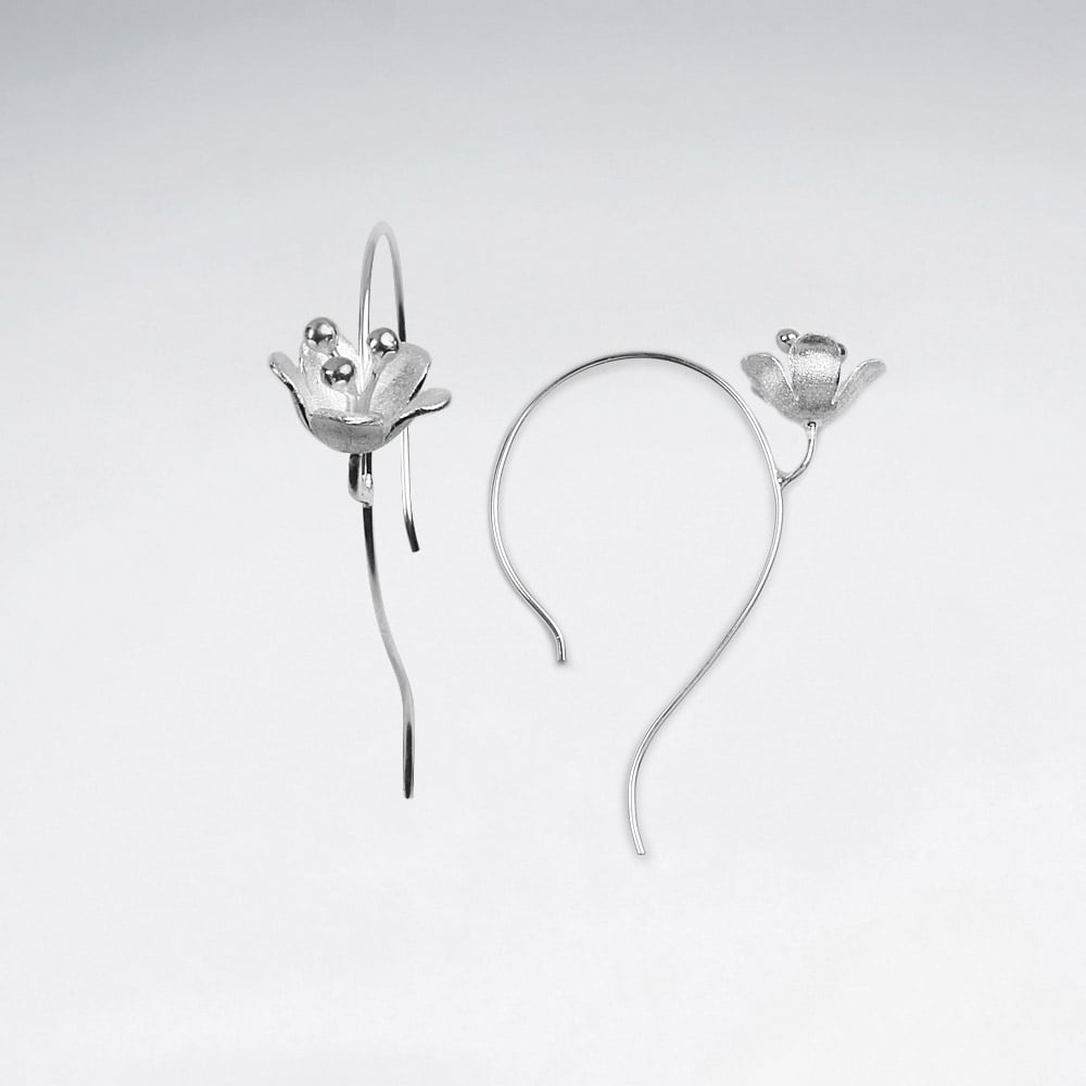 Matte Silver Single Bloom Hoop Hook Earrings