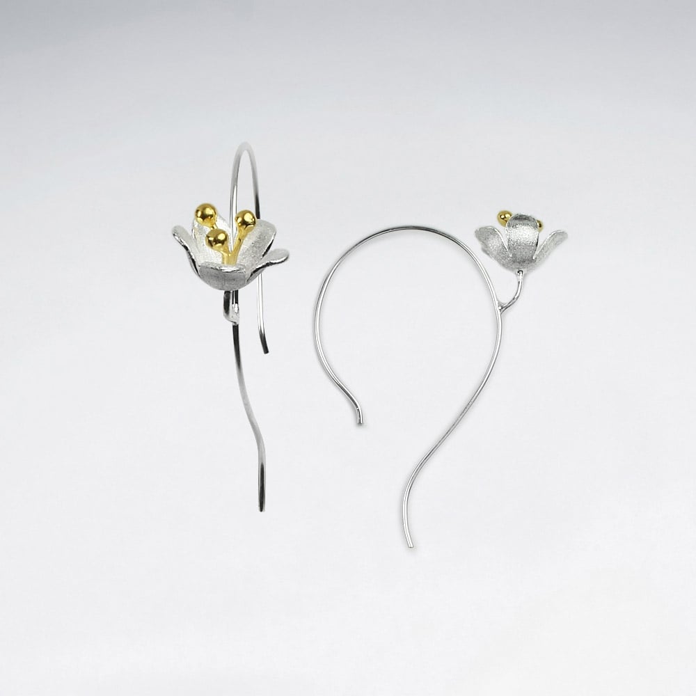 Matte Silver Single Bloom Hoop Hook Earrings