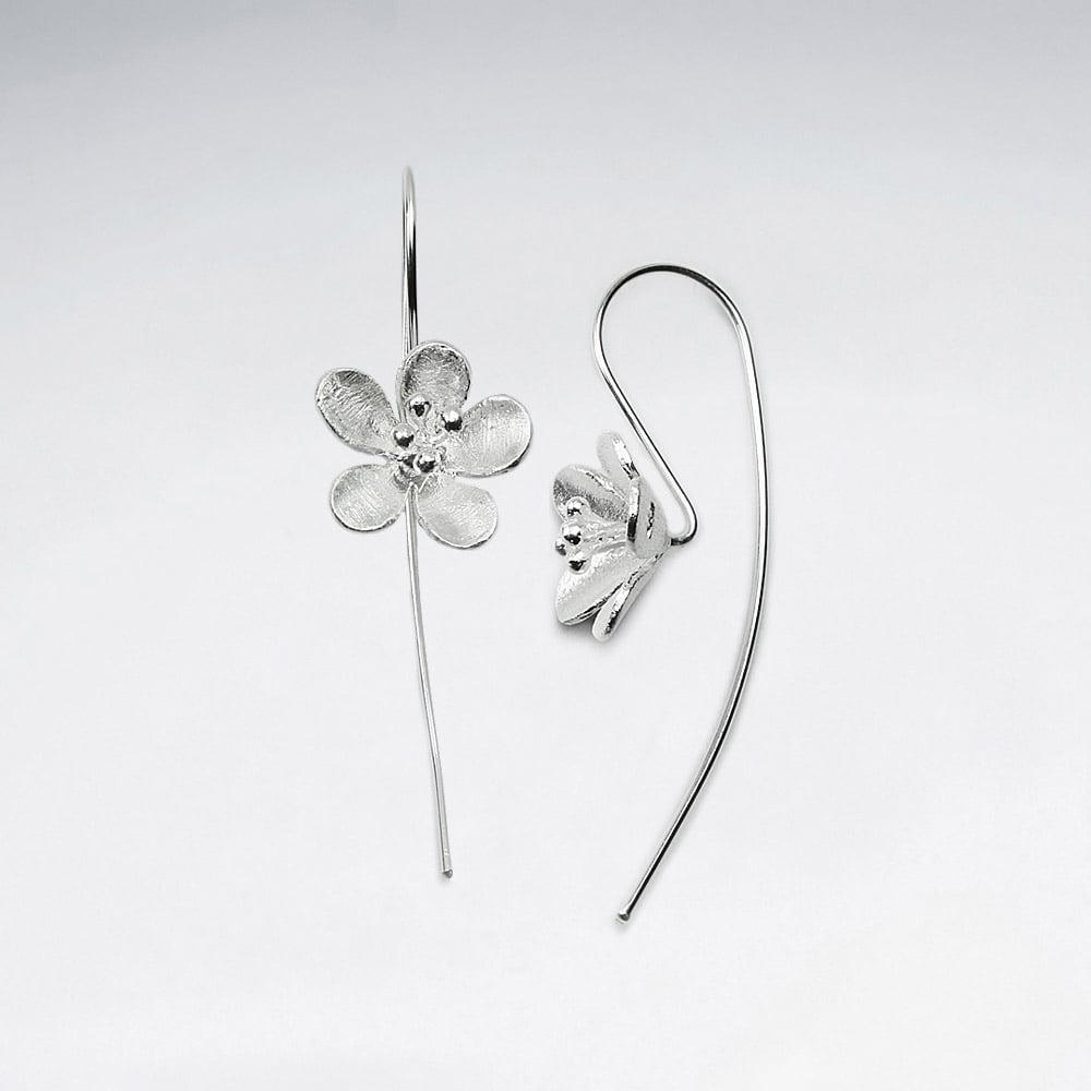 Sterling Silver  Accented Flower Threader Hook Earrings