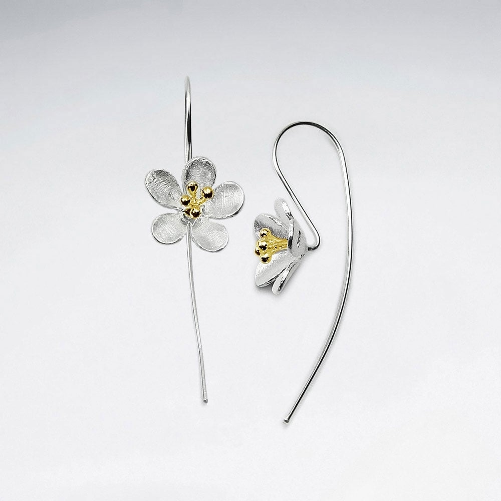 Sterling Silver  Accented Flower Threader Hook Earrings