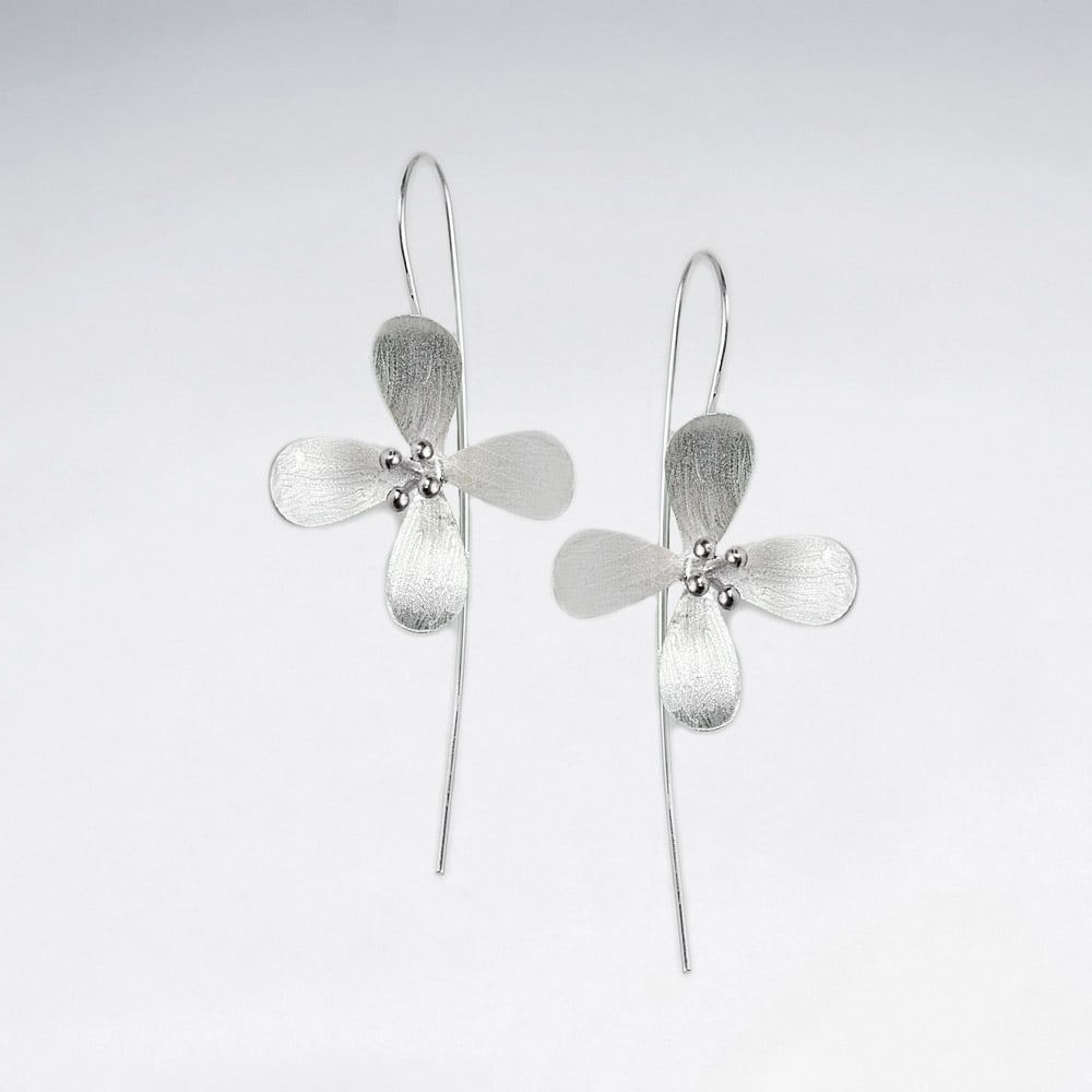 Four Point Matte Silver Flower Threader Earrings