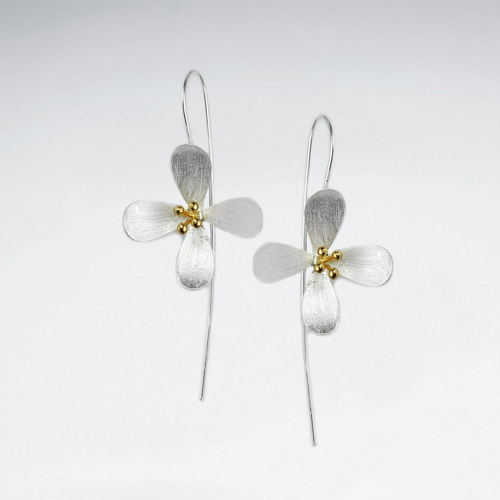Four Point Matte Silver Flower Threader Earrings