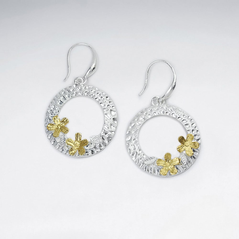 Sterling Silver Hammered Wreath and Flower Earrings