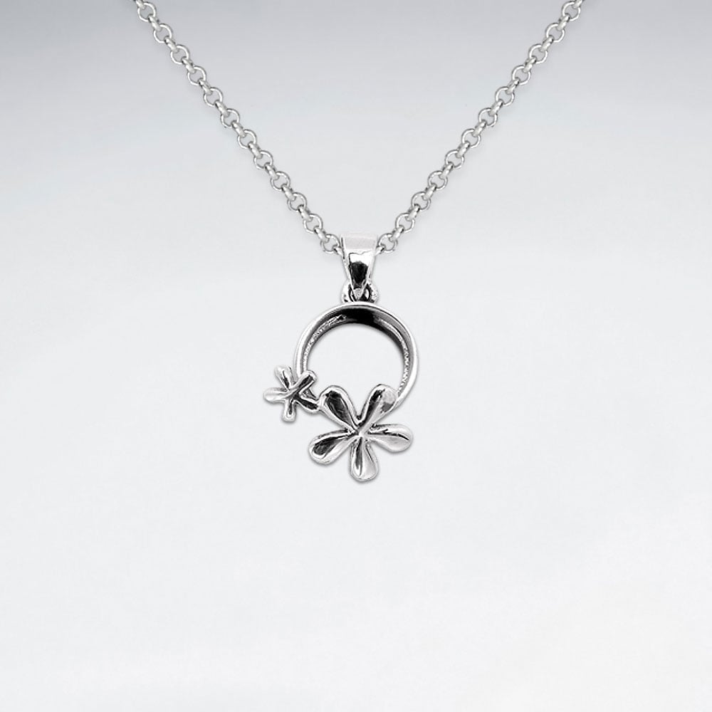 Oxidized Silver Openwork Circlet and Flowers Pendant