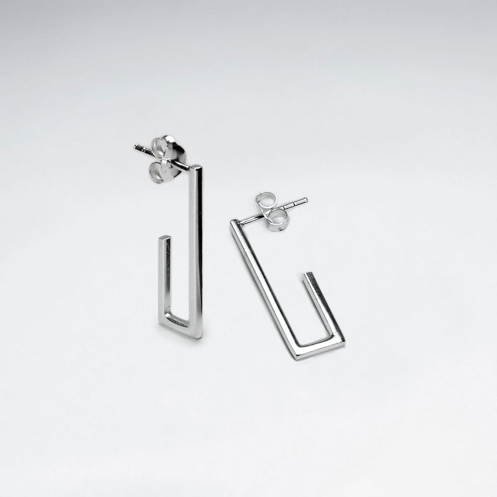 Squared Lines Sterling Silver J-Hoop Stud Earrings