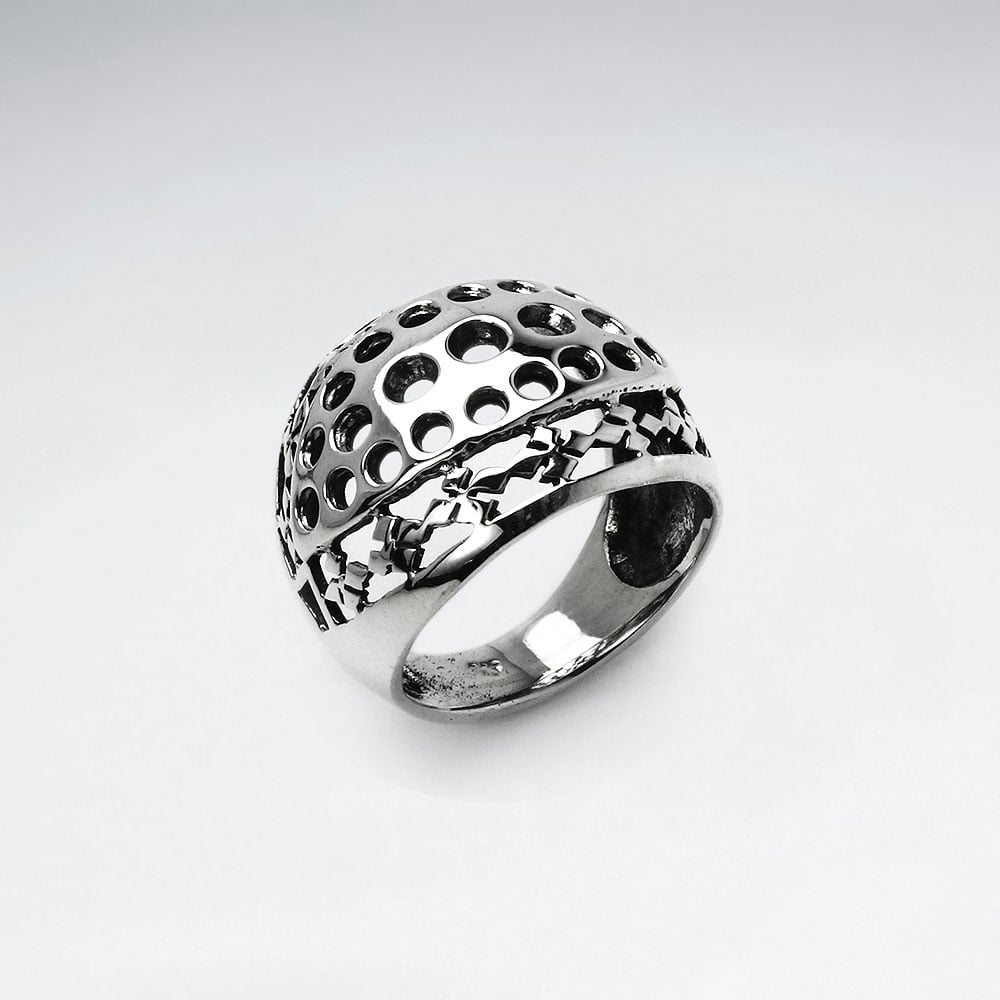 Sterling Silver Punctured Pattern Statement Ring